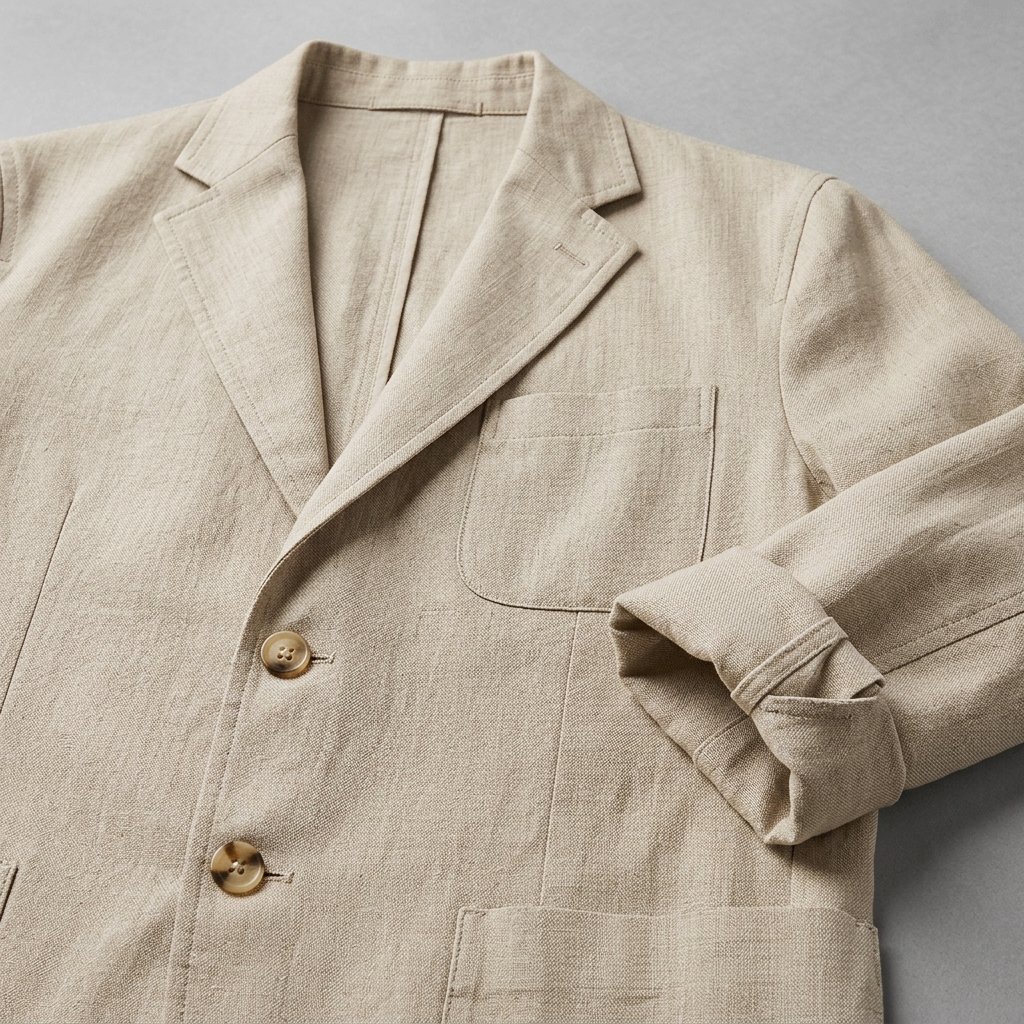 Close-up of Blazer, Men's Linen Blend Patch Pocket fabric and detailing