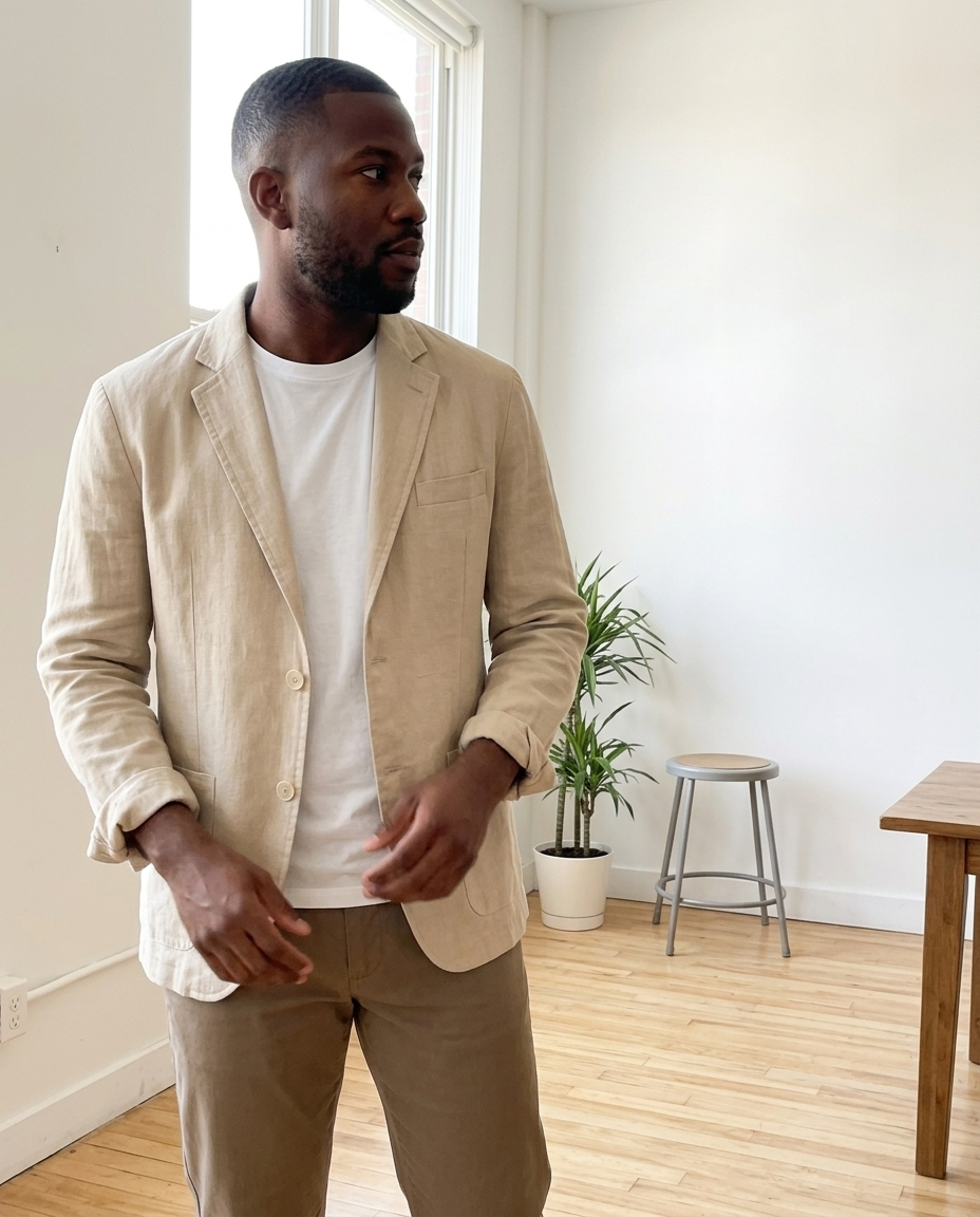 Blazer, Men's Linen Blend Patch Pocket styled in a daylight interior setting