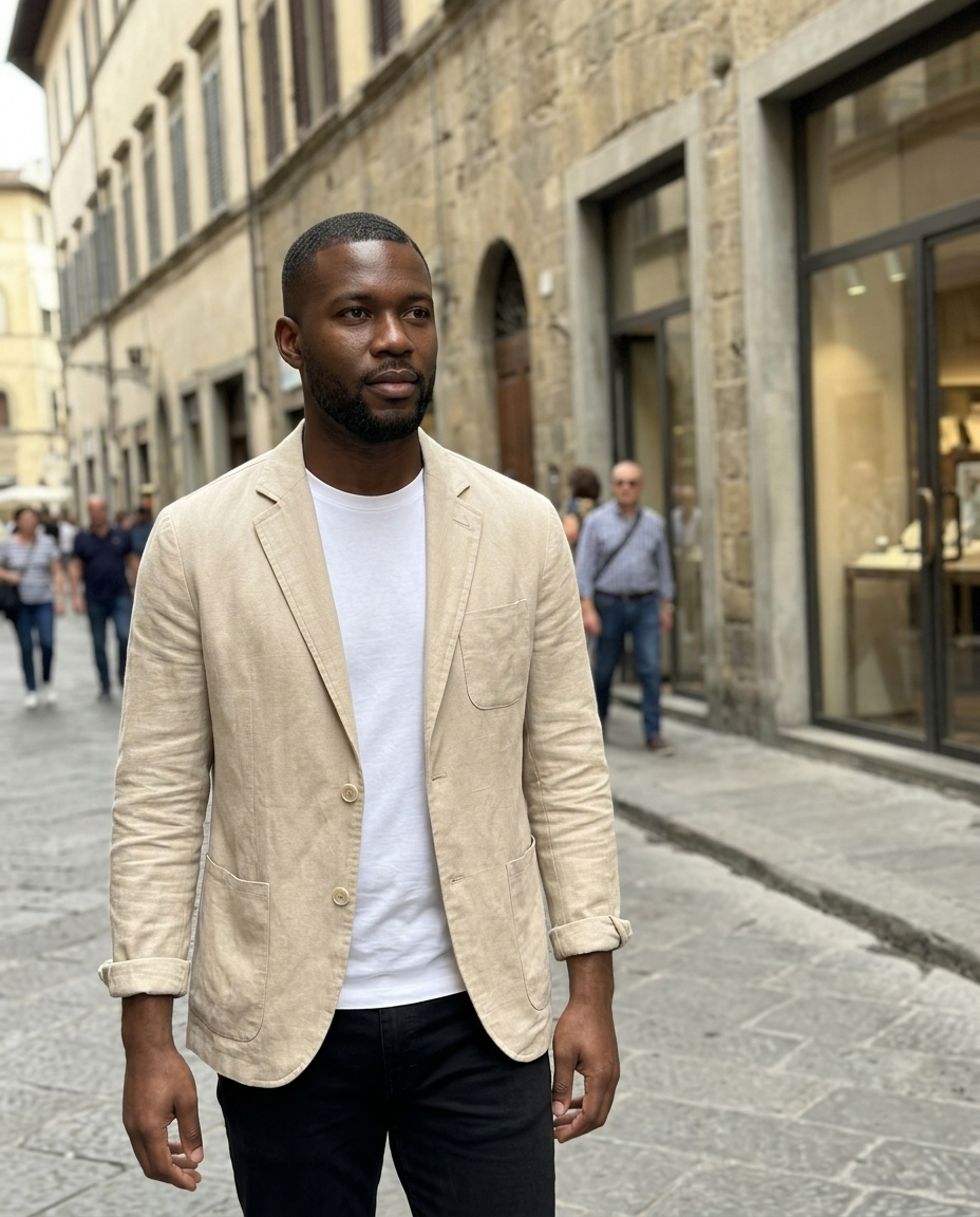 Blazer, Men's Linen Blend Patch Pocket worn in an everyday street setting
