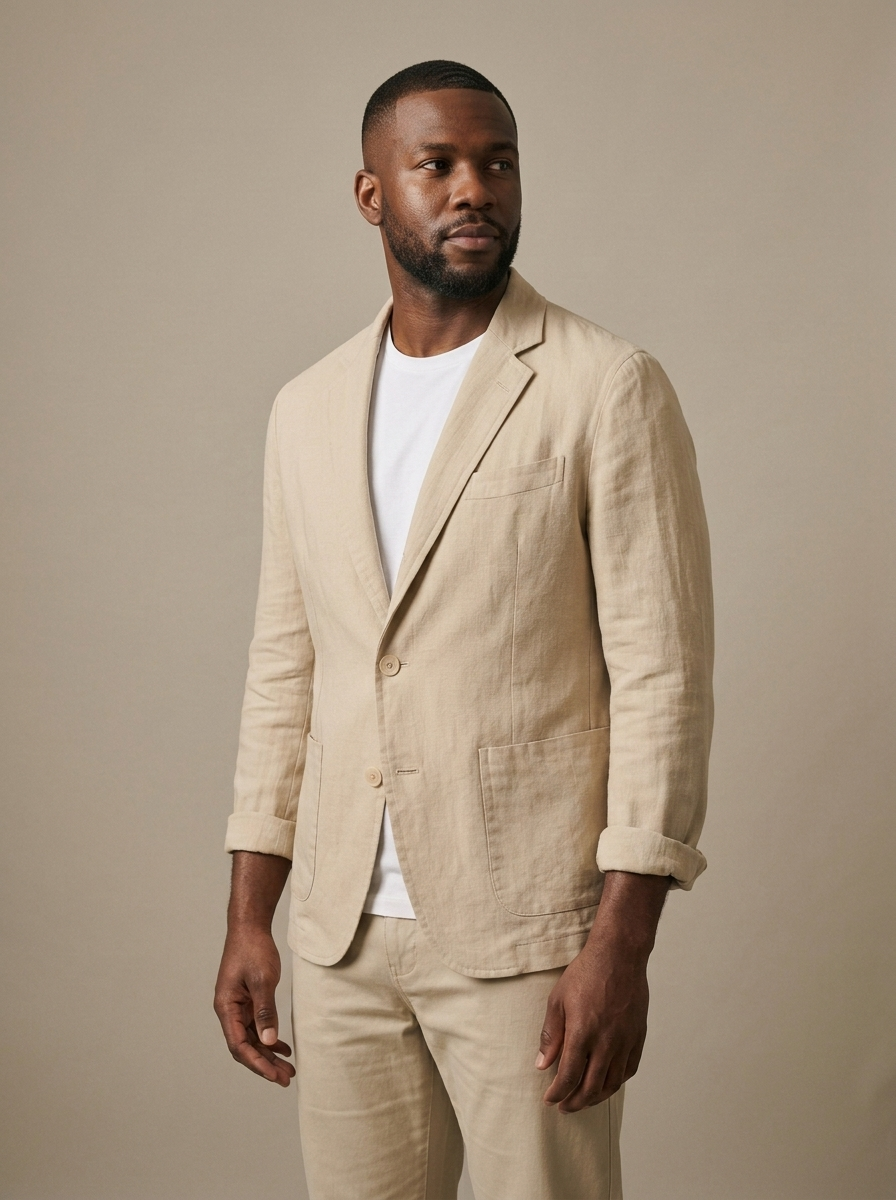 Blazer, Men's Linen Blend Patch Pocket worn by a model, three-quarter angle