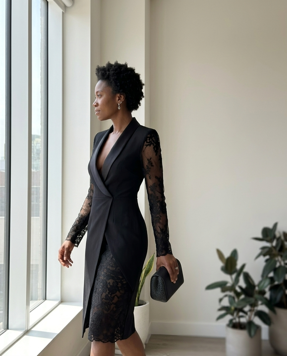 Blazer Midi Dress, Black Lace Sleeves styled in a daylight interior setting
