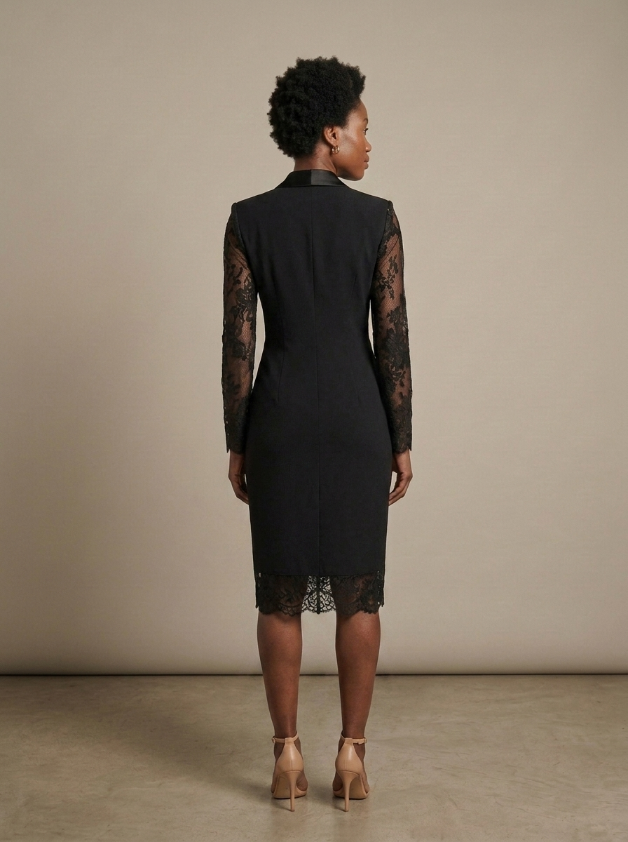 Blazer Midi Dress, Black Lace Sleeves worn by a model, back view