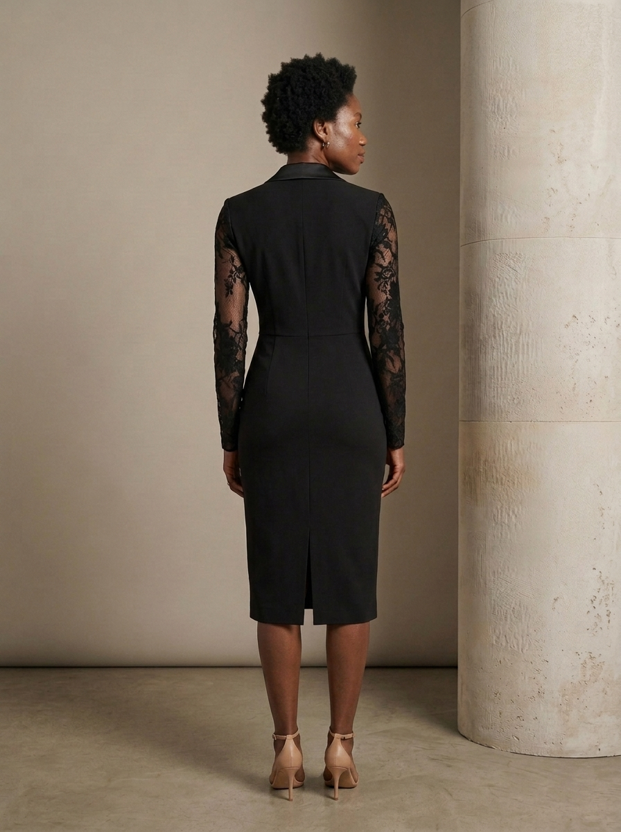 Blazer Midi Dress, Black Lace Sleeves worn by a model, back view