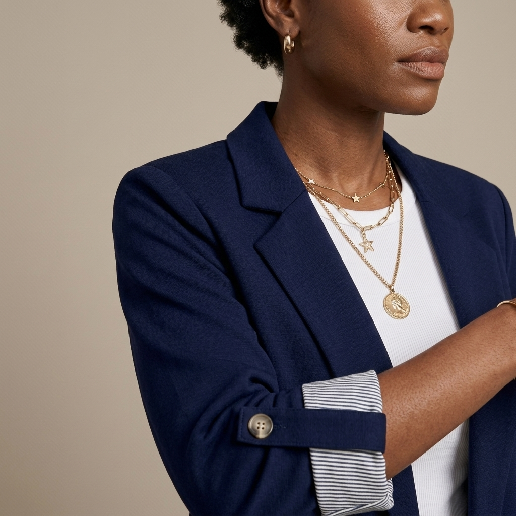 Close-up of Navy Single-Breasted Striped Roll-Up-Sleeve Blazer detail