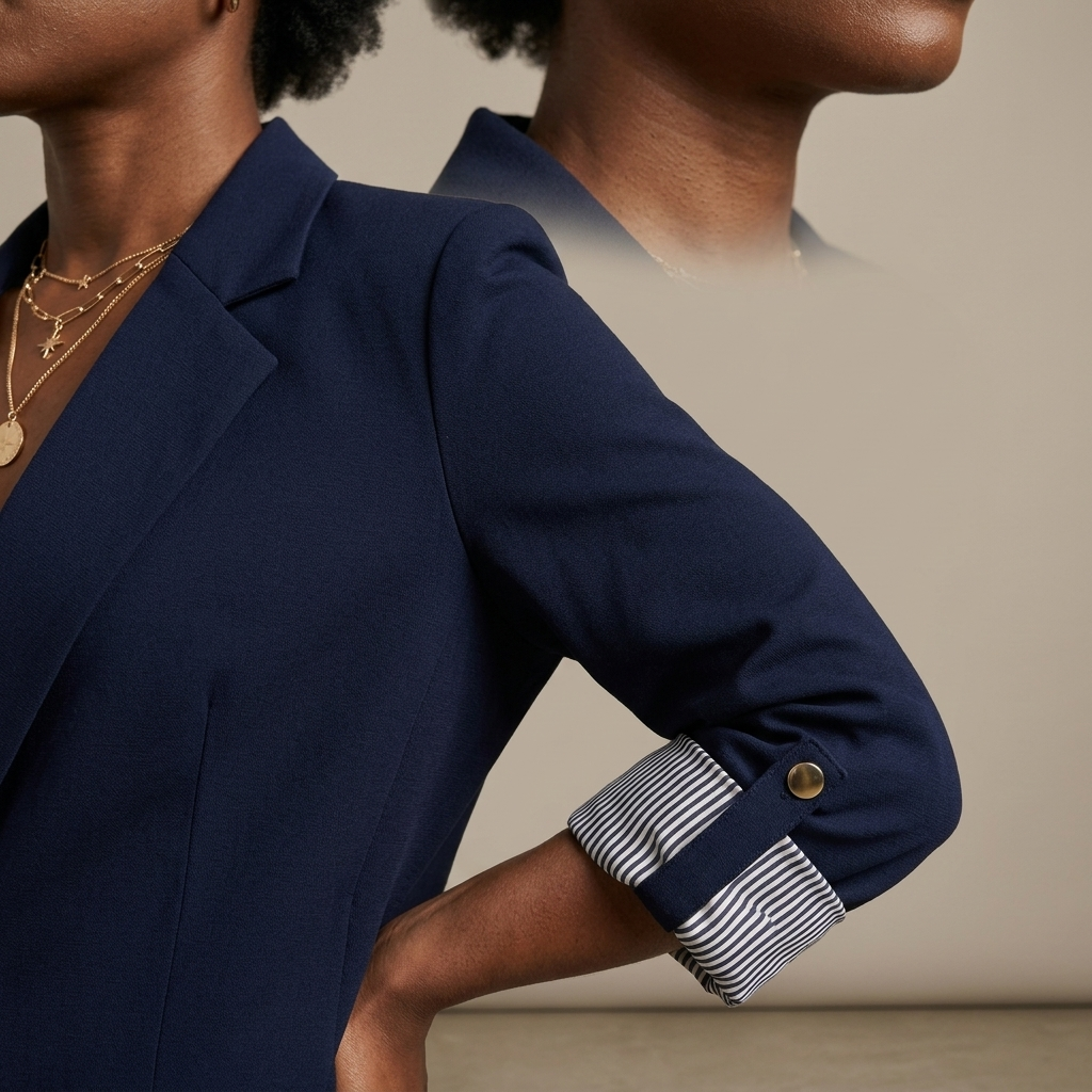 Close-up of Blazer Navy Single-Breasted Striped Roll-Up Sleeve detail