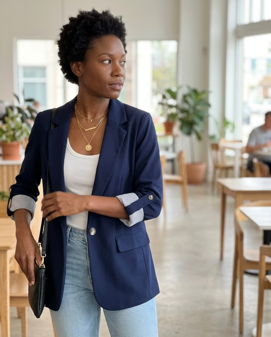 Blazer Navy Single-Breasted Striped Roll-Up Sleeve styled in a daylight interior setting