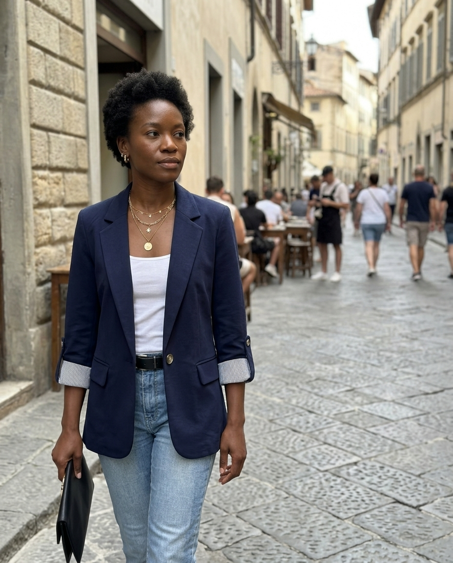 Blazer Navy Single-Breasted Striped Roll-Up Sleeve worn in an everyday street setting