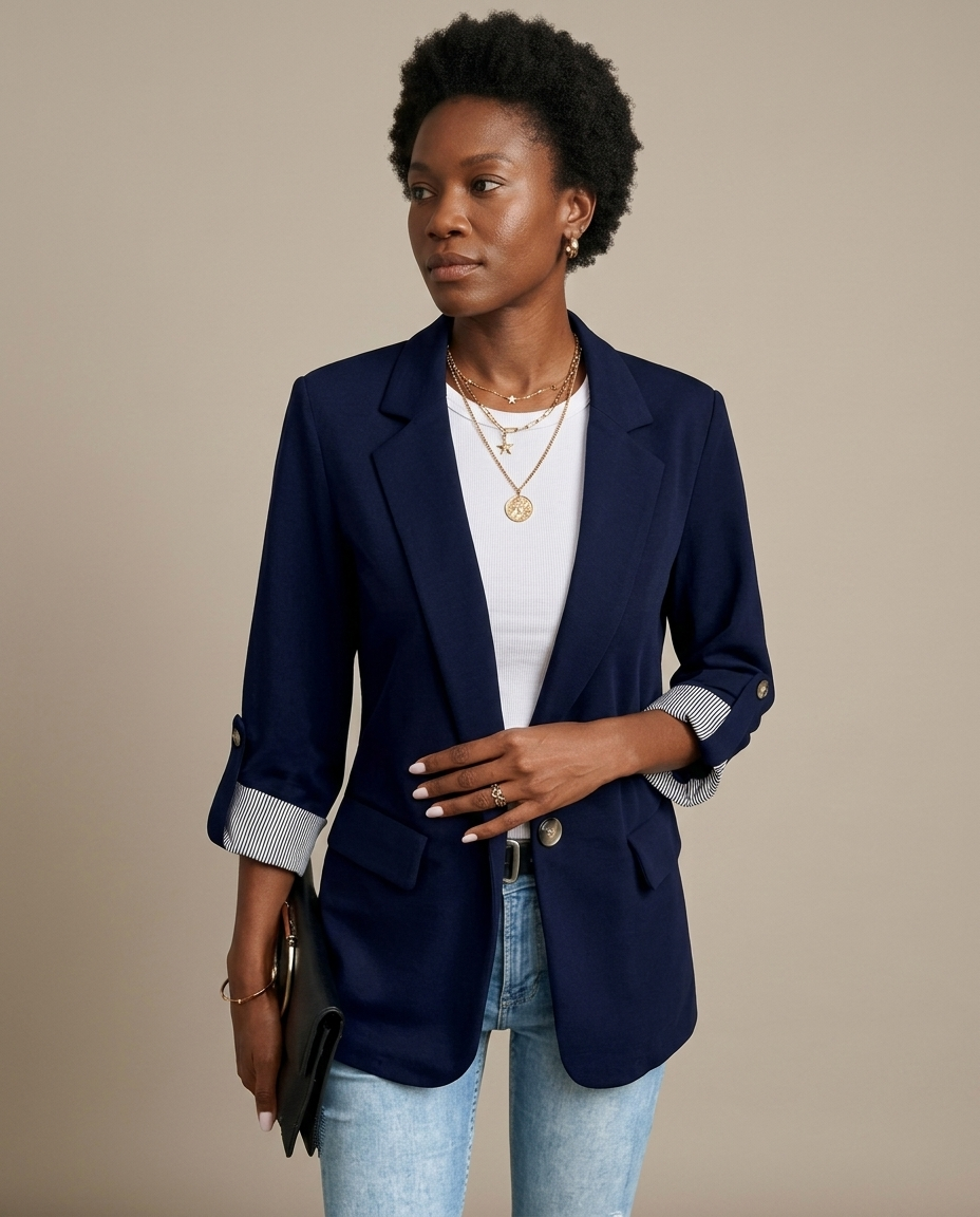 Blazer Navy Single-Breasted Striped Roll-Up Sleeve worn by a model, close waist-up view