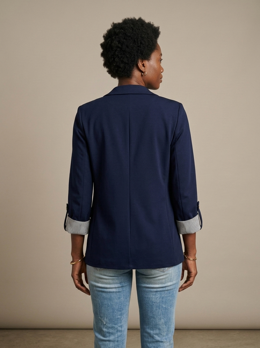 Blazer Navy Single-Breasted Striped Roll-Up Sleeve worn by a model, back view