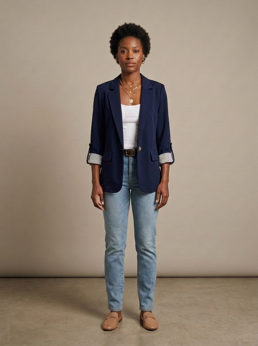 Blazer Navy Single-Breasted Striped Roll-Up Sleeve worn by a model, front view