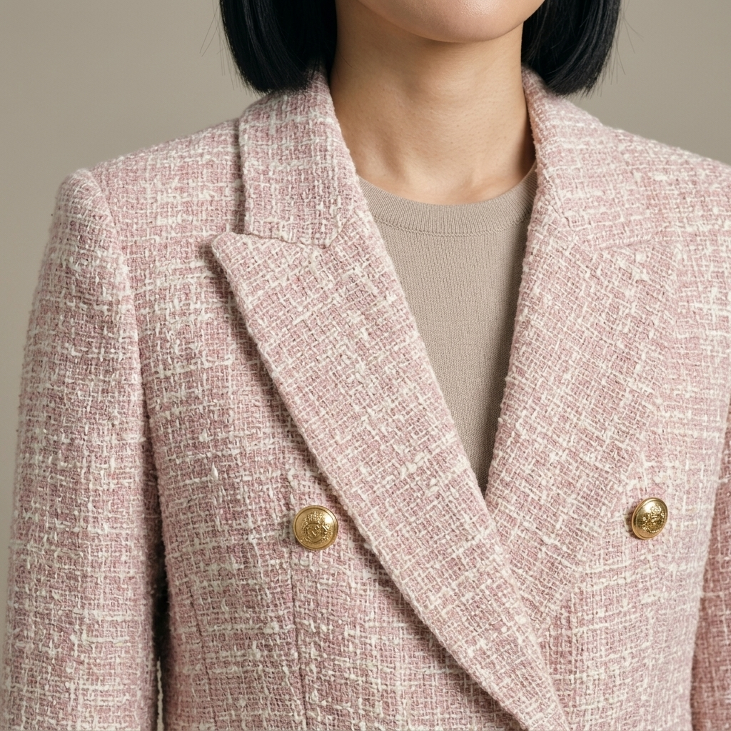 Close-up of Blazer, Pink Tweed Double-Breasted, Gold Button detail