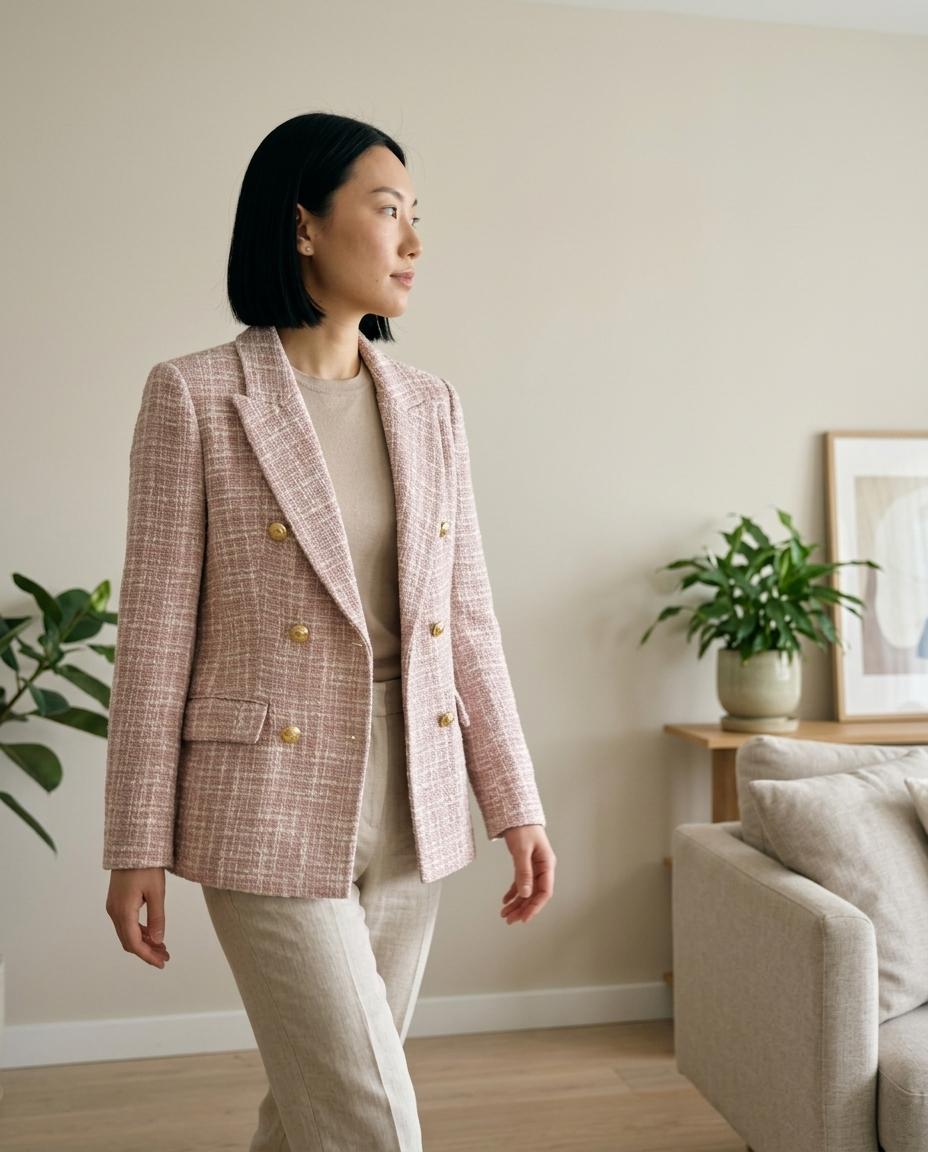 Blazer, Pink Tweed Double-Breasted, Gold Button styled in a daylight interior setting