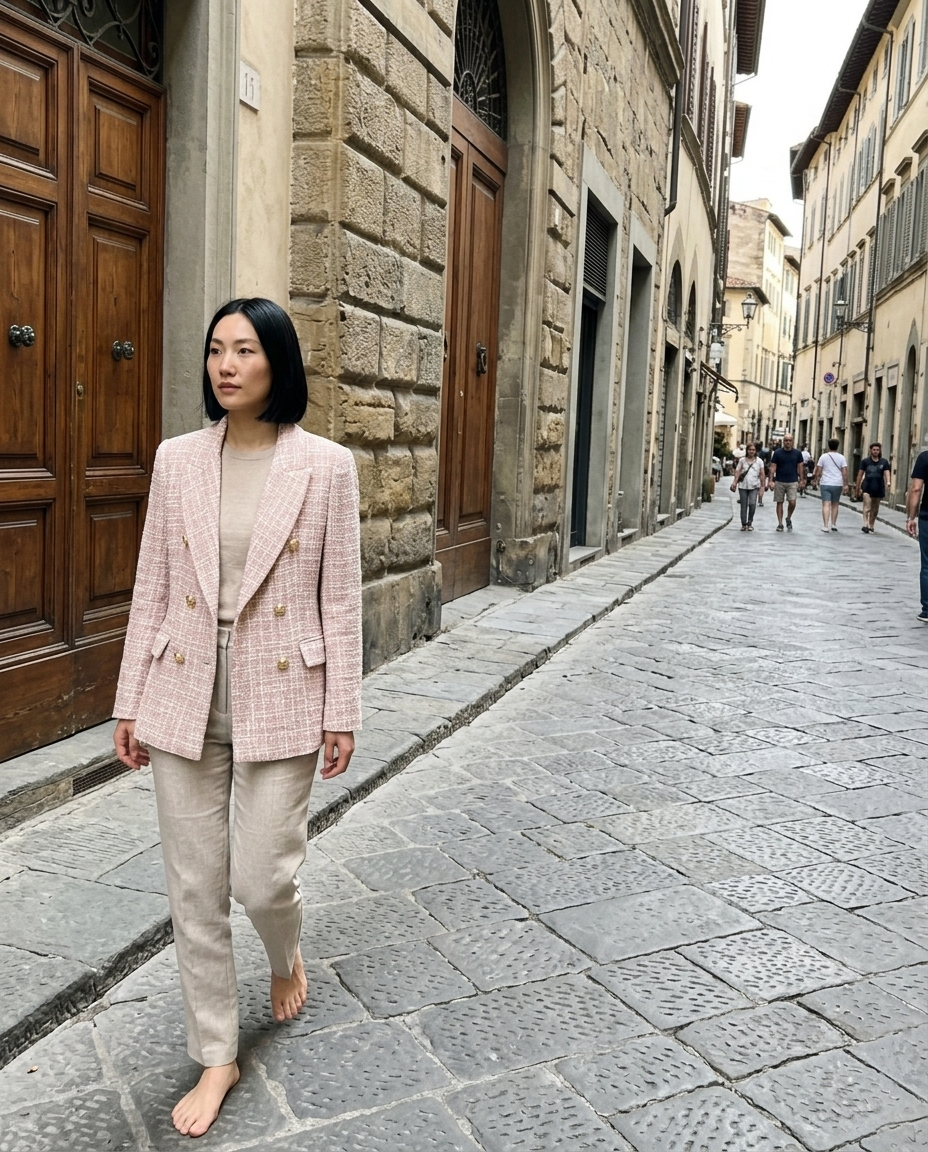 Blazer, Pink Tweed Double-Breasted, Gold Button worn in an everyday street setting