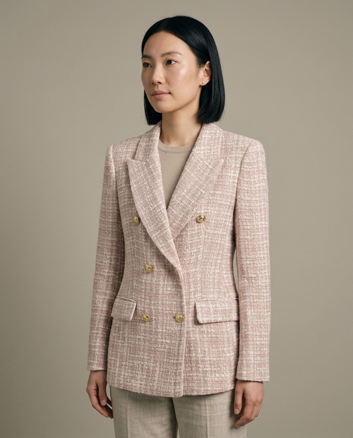 Blazer, Pink Tweed Double-Breasted, Gold Button worn by a model, close waist-up view