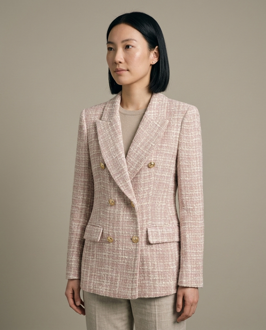 Blazer, Pink Tweed Double-Breasted, Gold Button worn by a model, close waist-up view