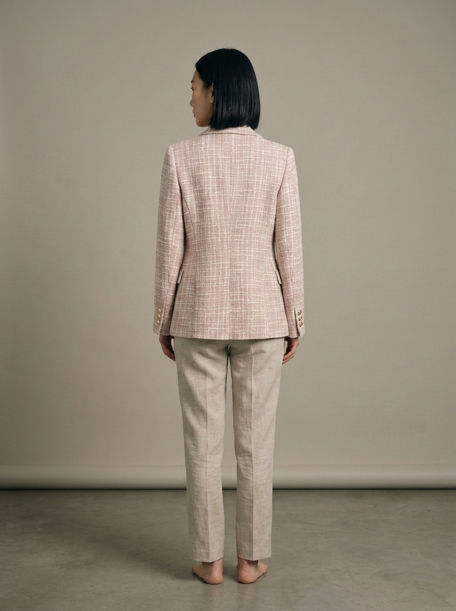 Blazer, Pink Tweed Double-Breasted, Gold Button worn by a model, back view