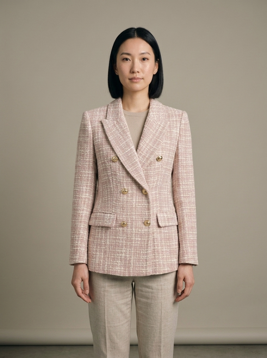 Blazer, Pink Tweed Double-Breasted, Gold Button worn by a model, front view