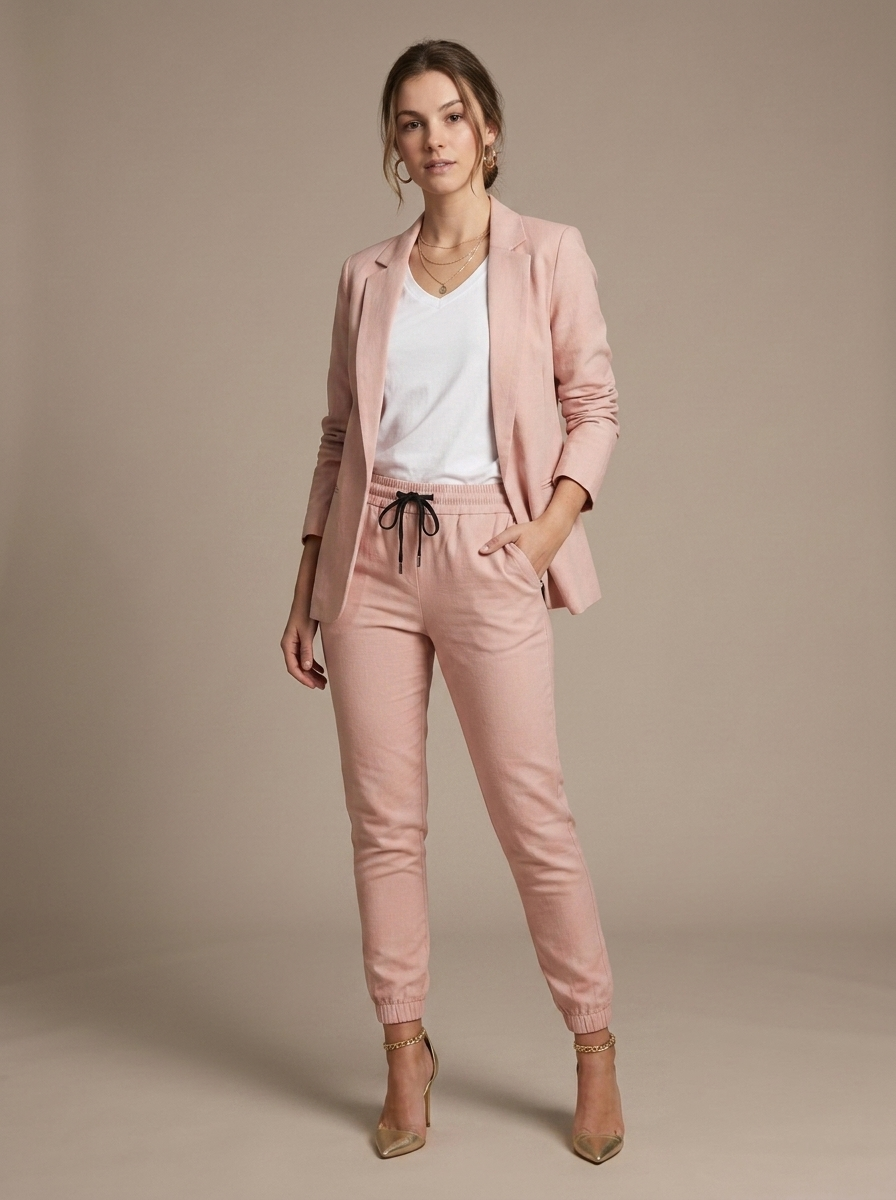 Blush Pink Linen Blend Drawstring Pant Suit worn by a model, front view