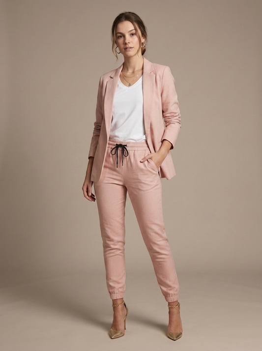 Blush Pink Linen Blend Drawstring Pant Suit worn by a model, front view