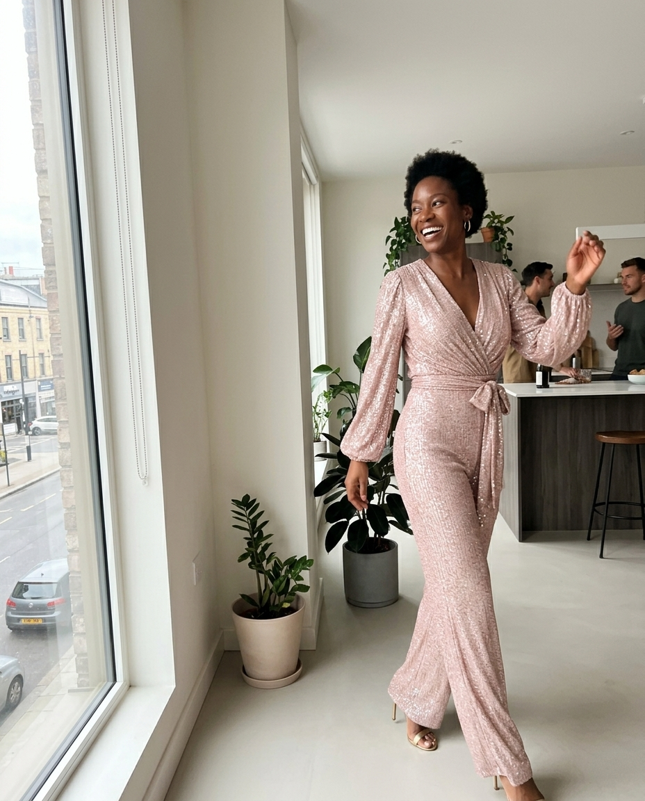 Blush Sequin Wrap Jumpsuit, Wide Leg styled in a daylight interior setting