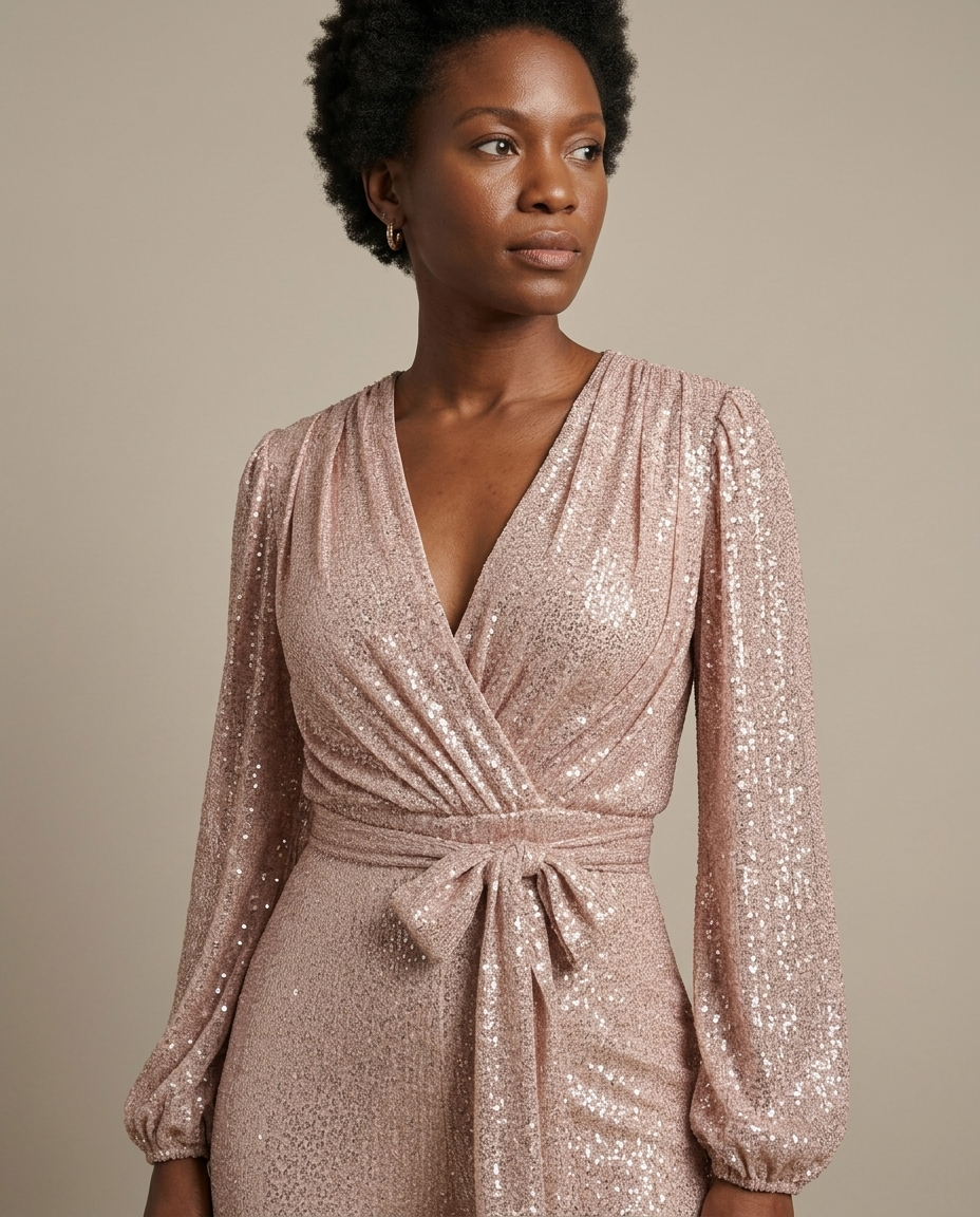 Blush Sequin Wrap Jumpsuit, Wide Leg worn by a model, close waist-up view