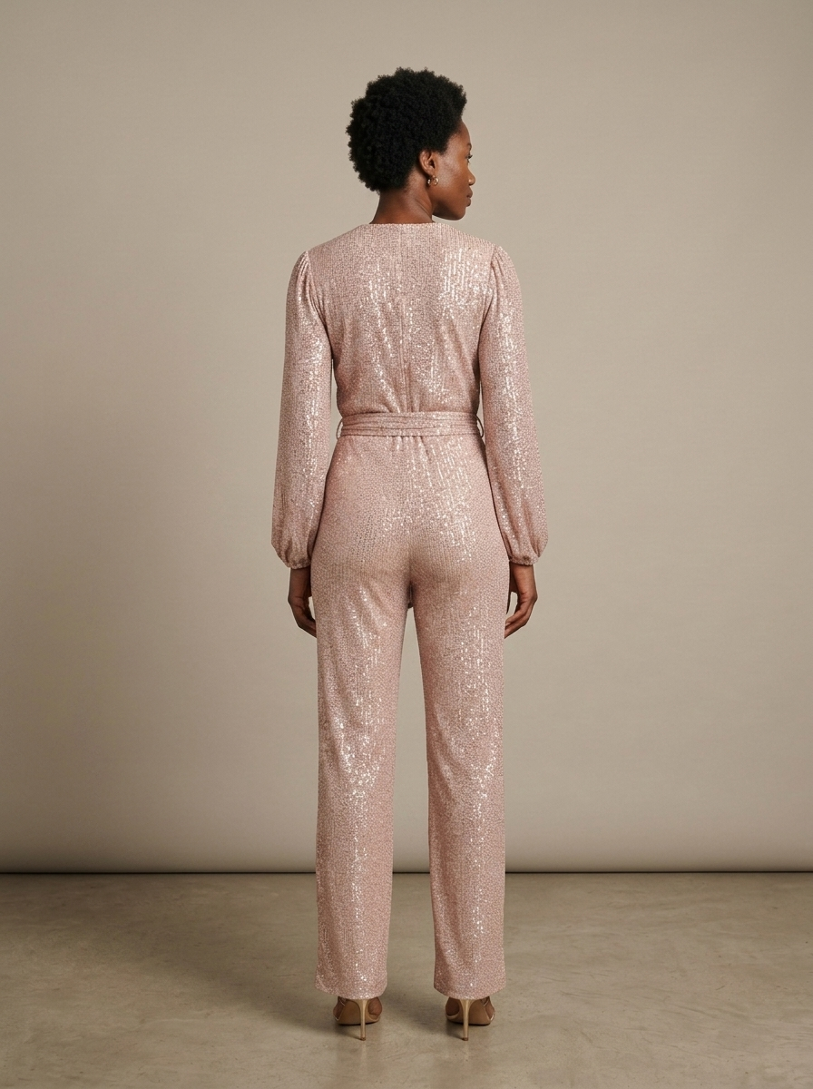 Blush Sequin Wrap Jumpsuit, Wide Leg worn by a model, back view