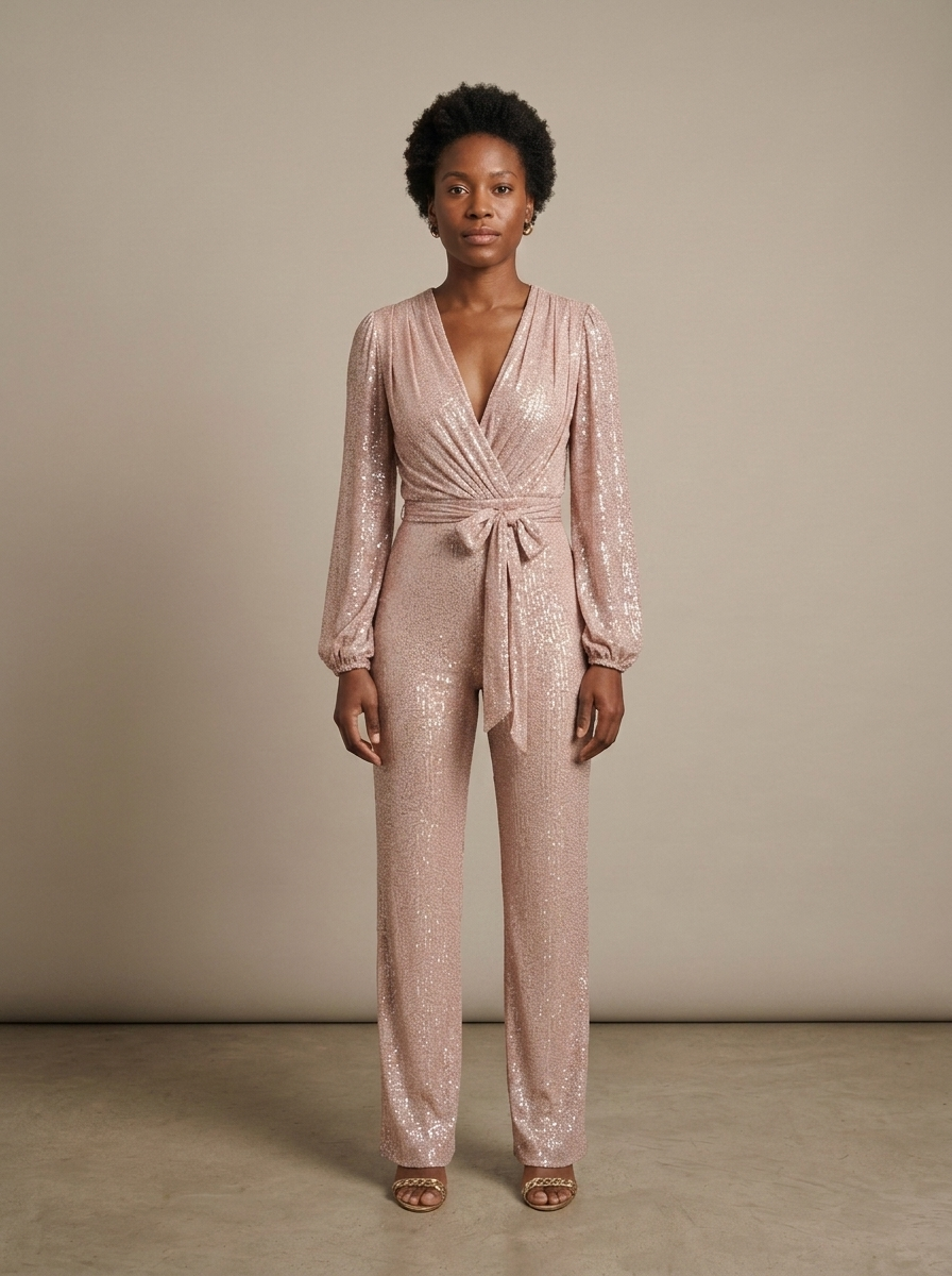 Blush Sequin Wrap Jumpsuit, Wide Leg worn by a model, front view