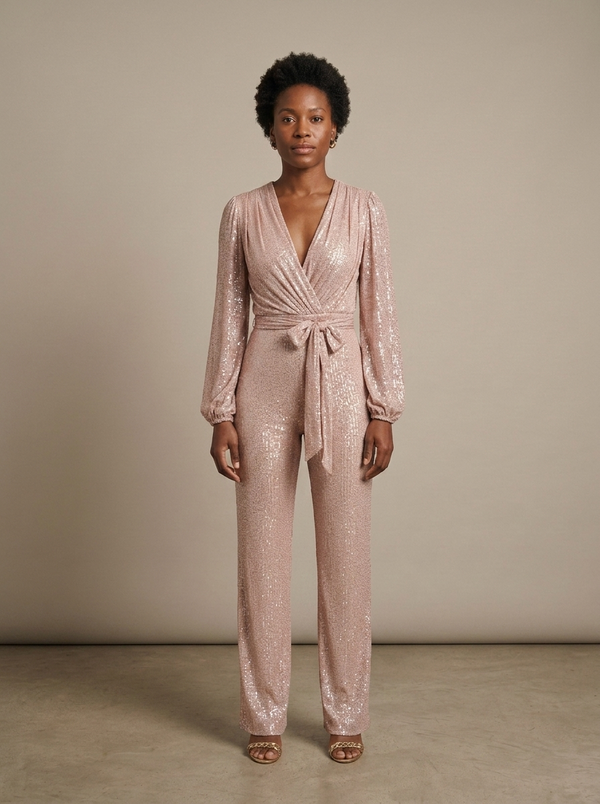 Blush Sequin Wrap Jumpsuit, Wide Leg