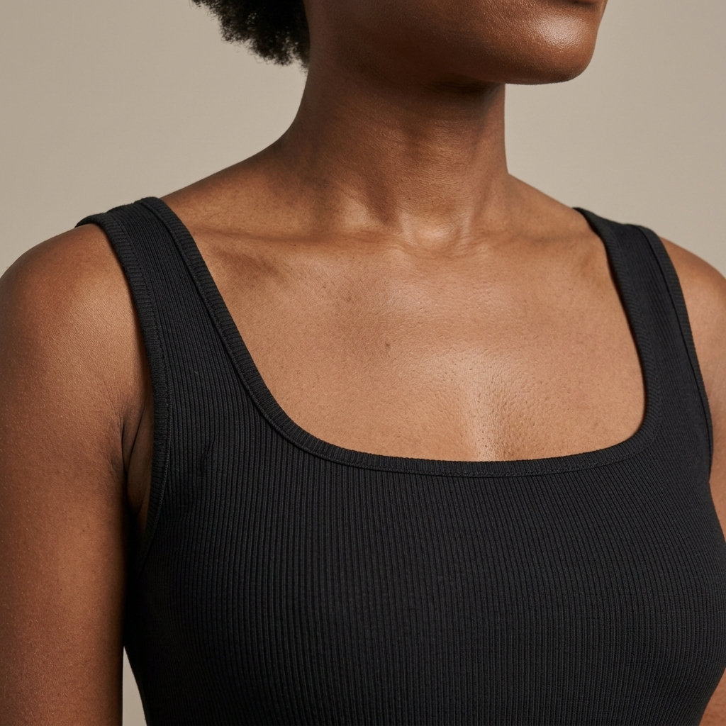 Close-up of Bodysuit, Black Ribbed Knit Square Neck detail