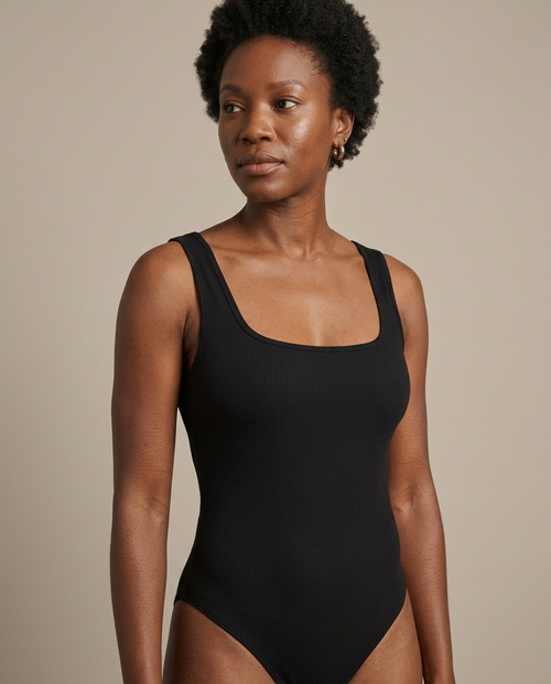 Bodysuit, Black Ribbed Knit Square Neck worn by a model, close waist-up view