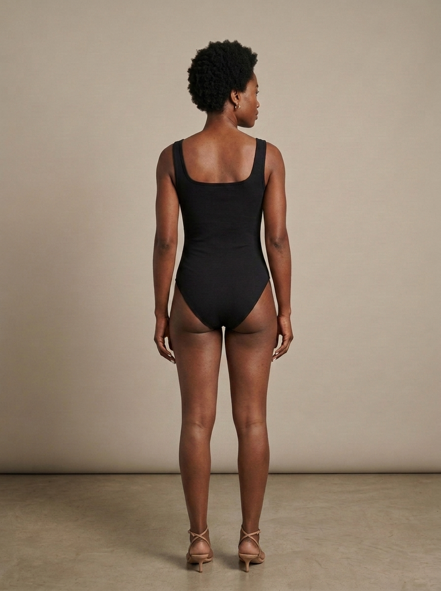 Bodysuit, Black Ribbed Knit Square Neck worn by a model, back view