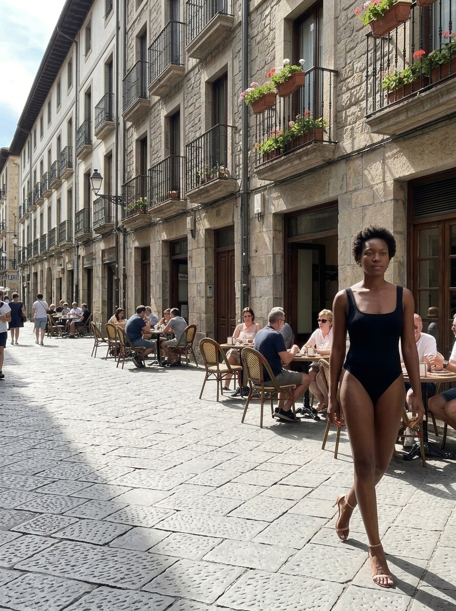 Bodysuit, Black Ribbed Knit Square Neck worn in an everyday street setting