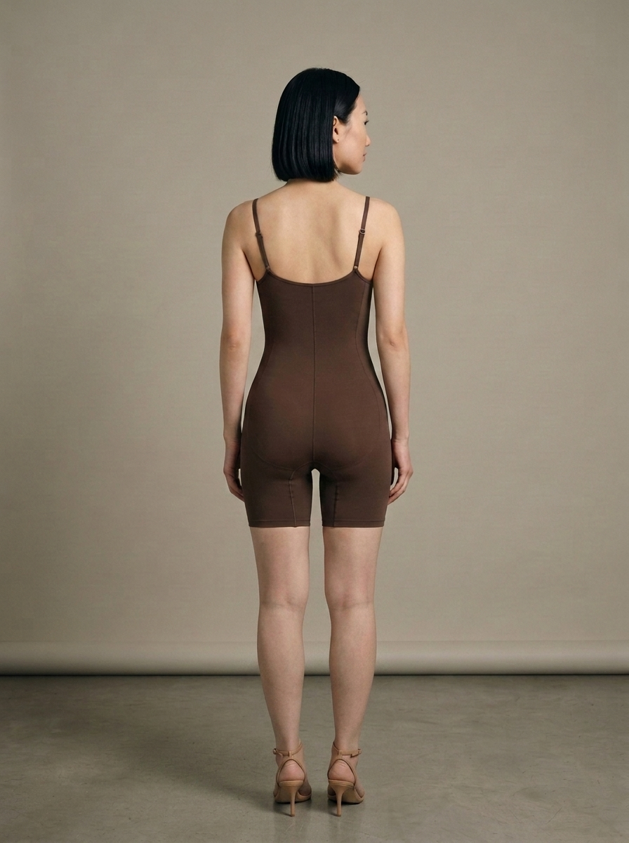 Bodysuit, Brown Scoop Neck Mid-Thigh Knit worn by a model, back view