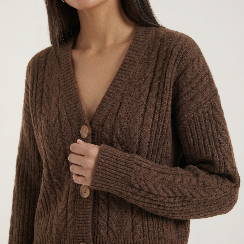 Close-up of Brown Cable Knit V-Neck Cardigan detail