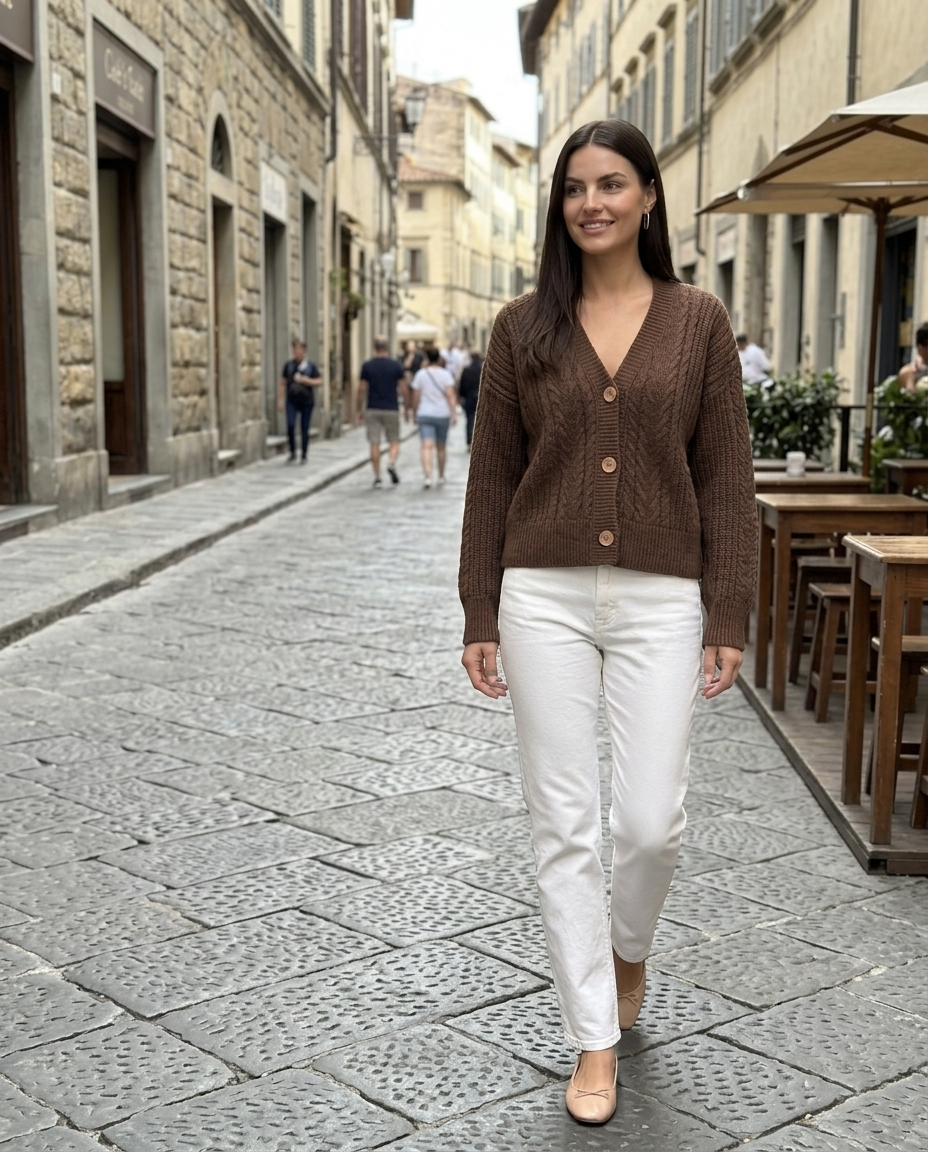 Brown Cable Knit V-Neck Cardigan worn in an everyday street setting
