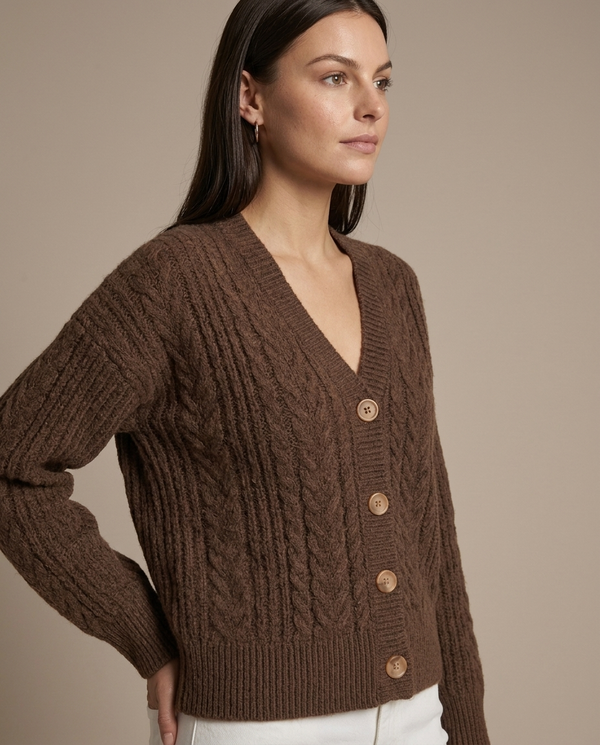 Brown Cable Knit V-Neck Cardigan