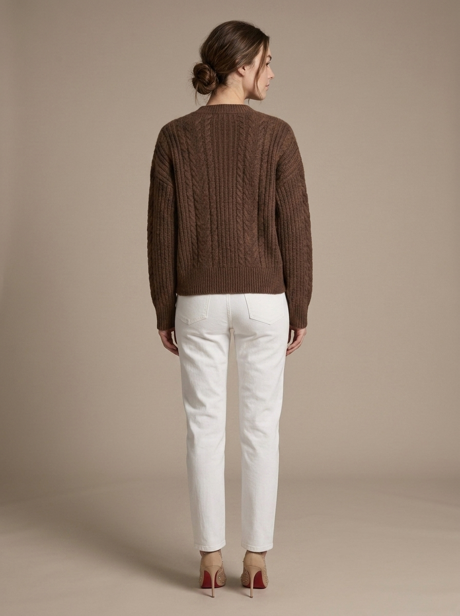 Brown Cable Knit V-Neck Cardigan worn by a model, back view
