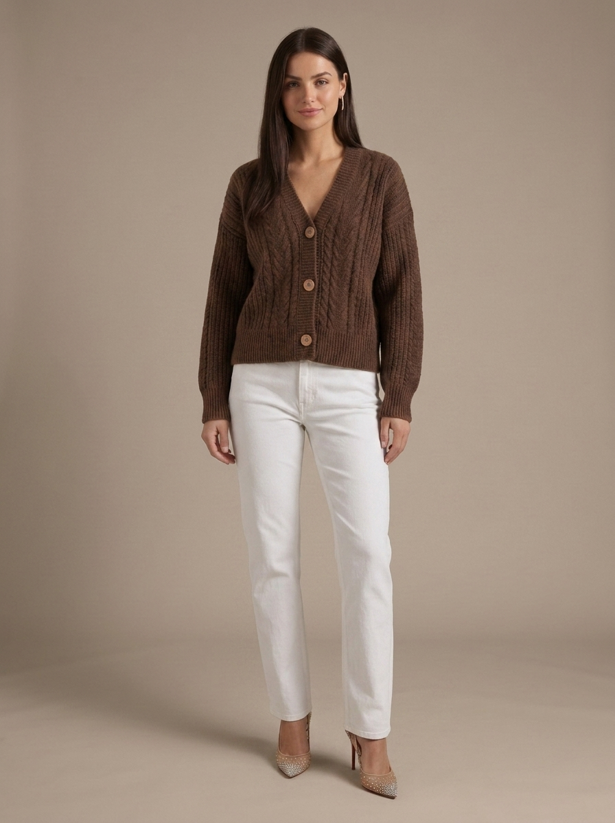 Brown Cable Knit V-Neck Cardigan worn by a model, front view