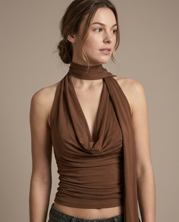 Brown Cowl Neck Halter Cropped Top