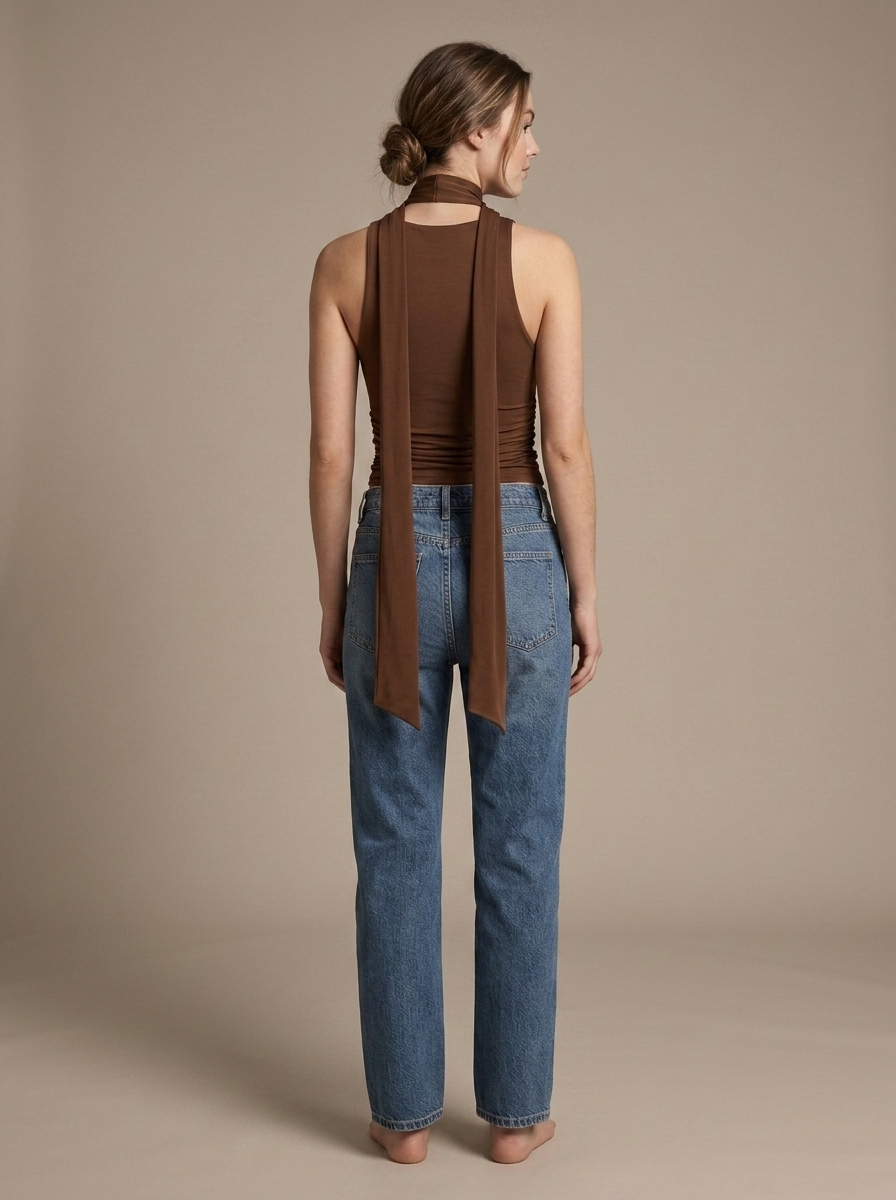 Brown Cowl Neck Halter Cropped Top worn by a model, back view