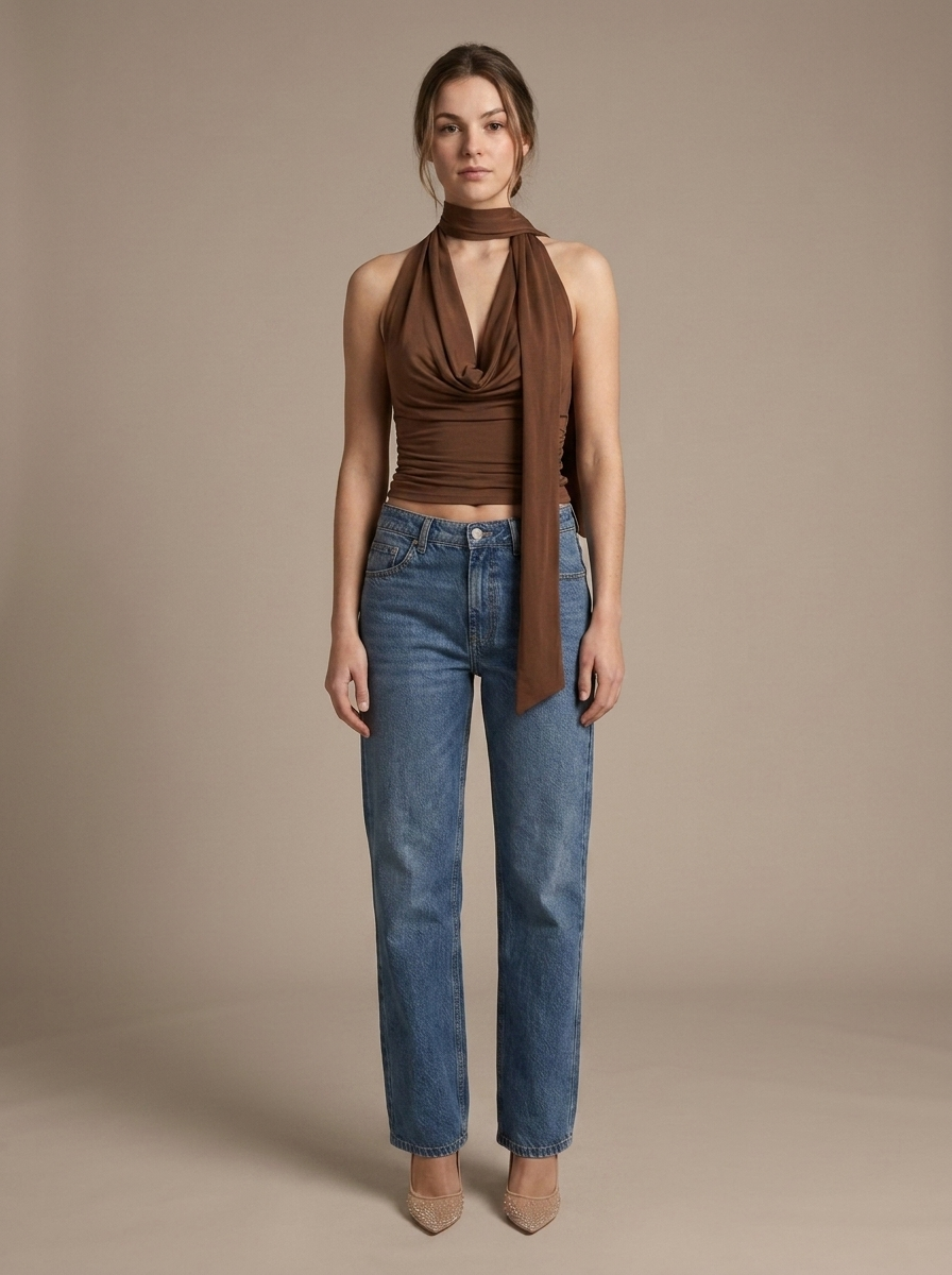 Brown Cowl Neck Halter Cropped Top worn by a model, front view