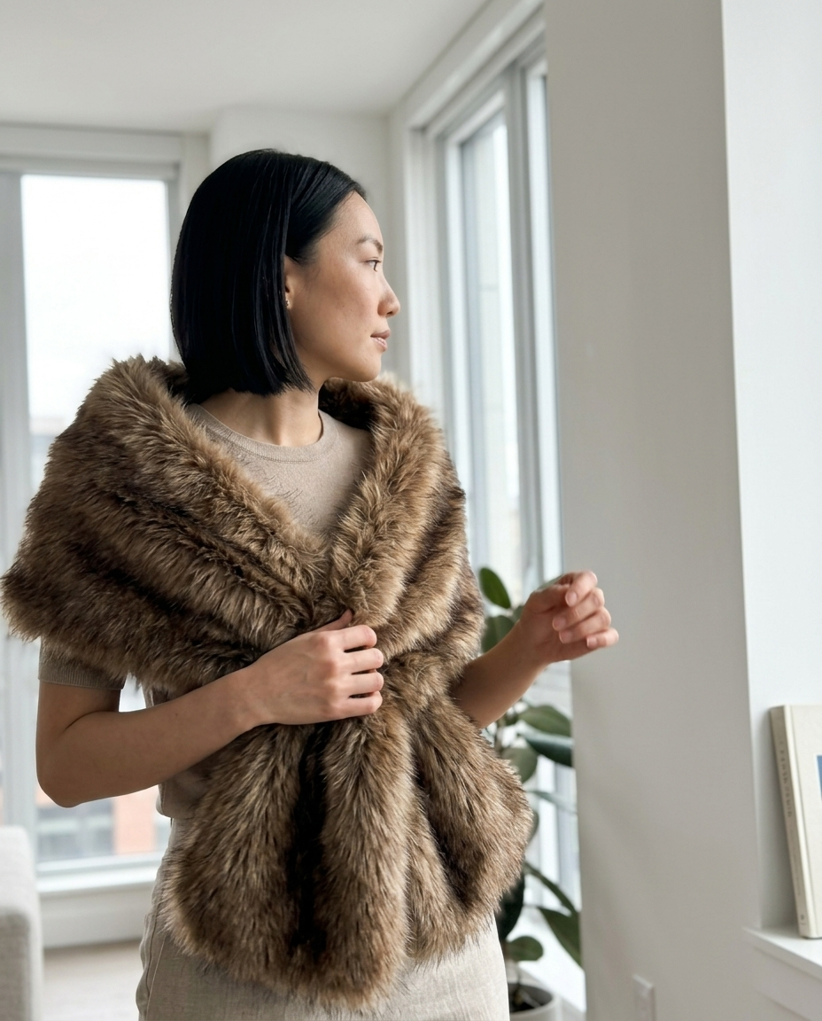 Brown Faux Fur Plush Wrap Stole styled in a daylight interior setting