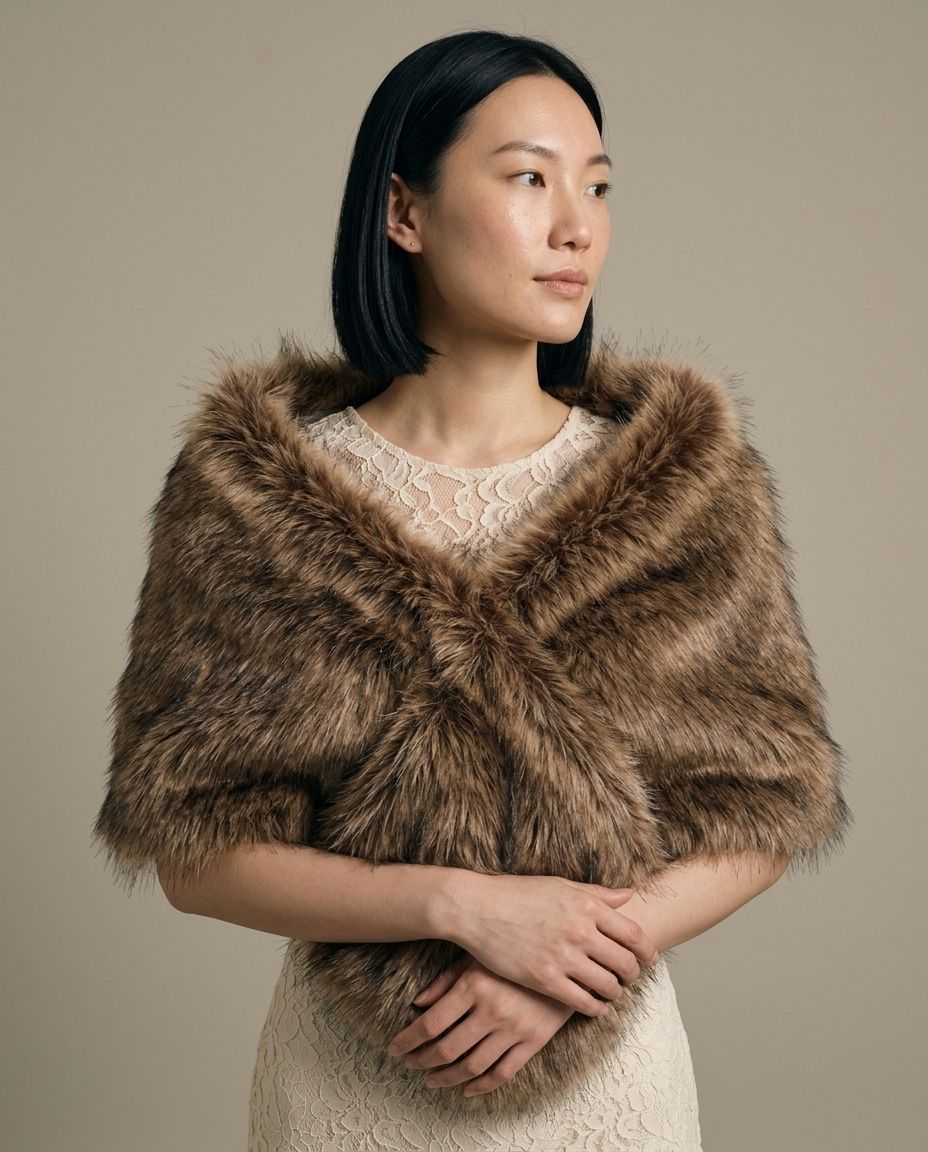 Brown Faux Fur Plush Wrap Stole worn by a model, close waist-up view