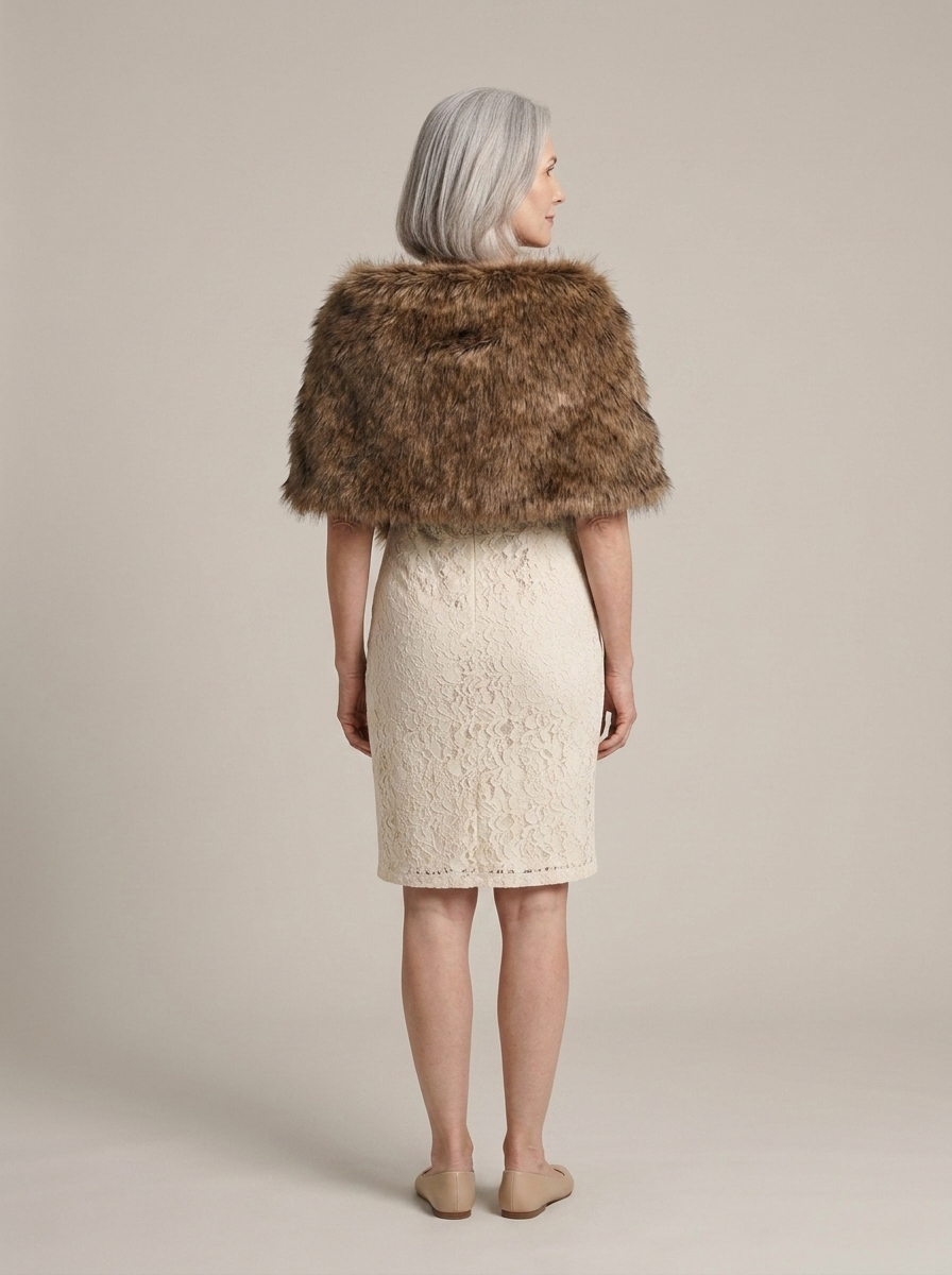 Brown Faux Fur Plush Wrap Stole worn by a model, back view