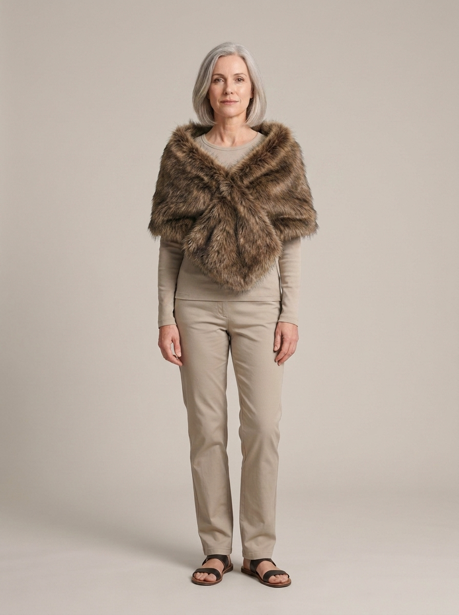 Brown Faux Fur Plush Wrap Stole worn by a model, front view