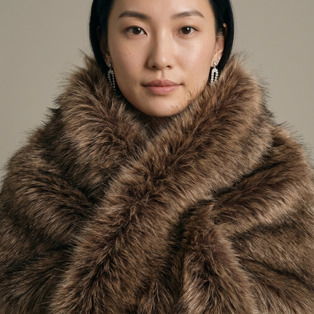 Brown Faux Fur Plush Wrap Stole worn, close-up
