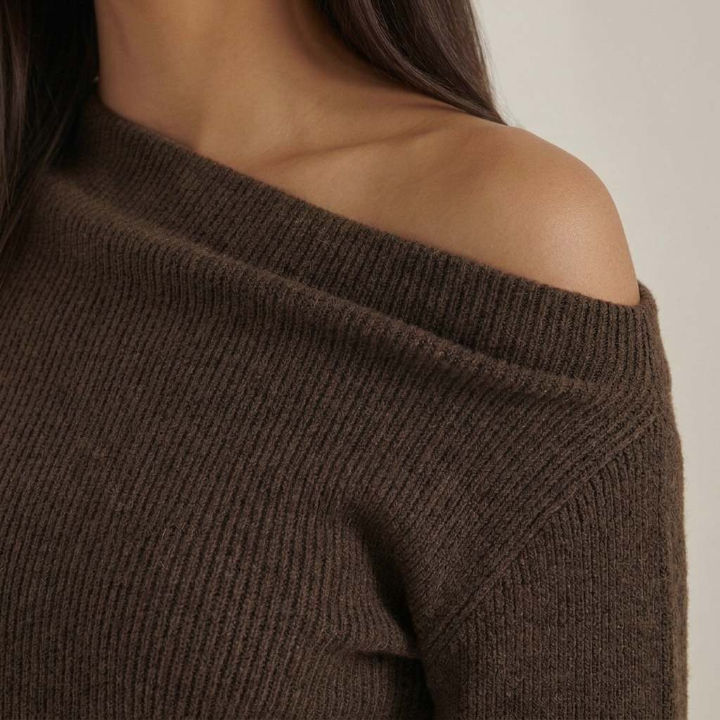 Close-up of Brown Ribbed Asymmetric Knit Top detail