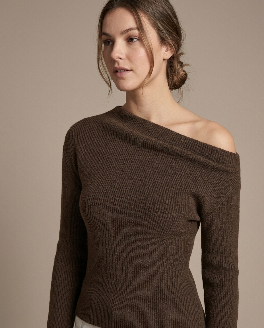 Brown Ribbed Asymmetric Knit Top worn by a model, close waist-up view