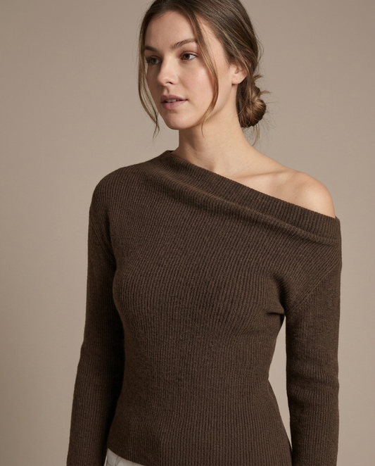 Brown Ribbed Asymmetric Knit Top worn by a model, close waist-up view