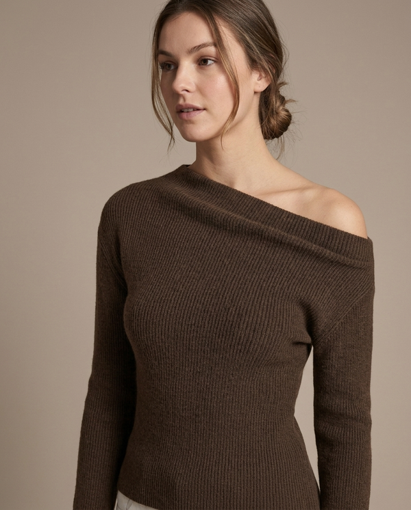 Brown Ribbed Asymmetric Knit Top